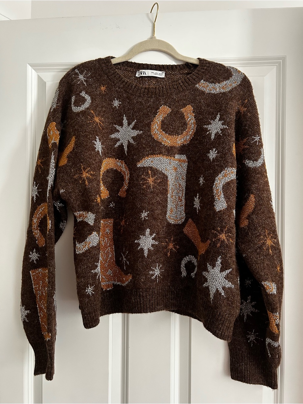 Zara Brown Metallic Silver & Orange Graphic Knit Sweater